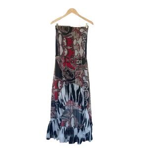 Alberto Makali Vintage Strapless High-Low Ruffle Bottom Print Dress Size Small